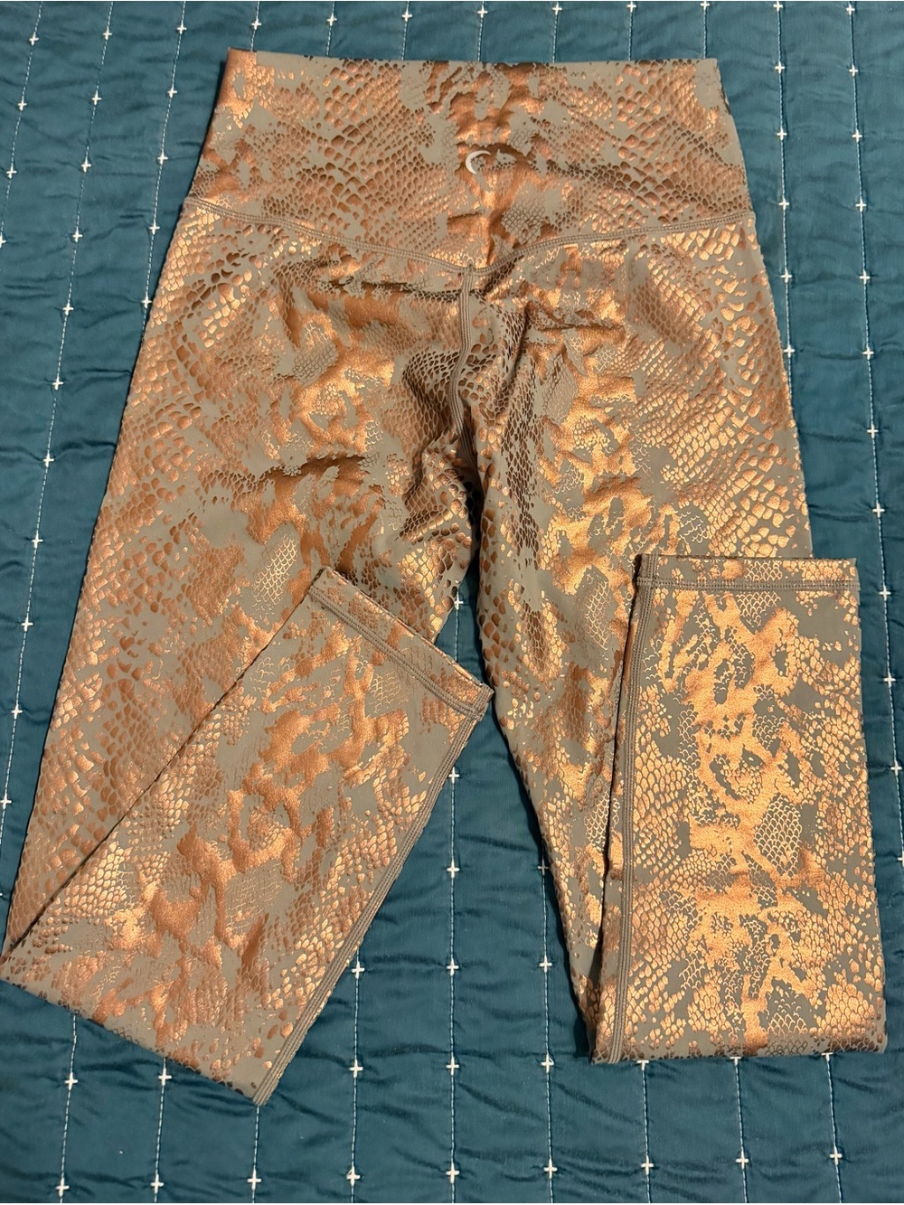 High-Waist Metallic Snake-Print Leggings in Bronze/Gray